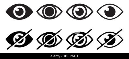 Symbol für die schwarze Linie des Auges. Kein Augenlogo, gekreuzt, Datenschutzsymbol, Augenaufkleber schützen, Hinweistafel verhindern, Spionageschutz, 99 % transparent, Stock Vektor