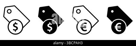 Preisschildsymbole: Ein Satz von vier Vektorsymbolen, die Preisschilder mit Symbolen in Dollar- und Euro-Währung darstellen. Diese klaren und einfachen Symbole. Stock Vektor
