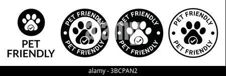 Haustierfreundliches Symbolset. Haustierfreundliches Logo, Etikett, Schild, Abzeichen, Symbol, Banner, Linie, flacher Vektor, isolierte Illustration. PET-freundliches Etikett für das Produkt Stock Vektor
