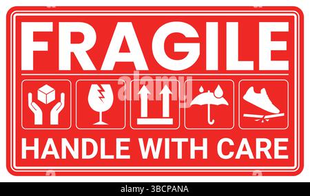 Symbole für zerbrechliche Verpackungen, Griff mit Pflegelogistik und Versandetiketten. Zerbrechliche Kiste, Frachtwarnvektorschilder Stock Vektor