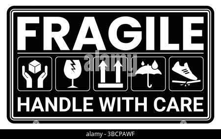 Symbole für zerbrechliche Verpackungen, Griff mit Pflegelogistik und Versandetiketten. Zerbrechliche Kiste, Frachtwarnvektorschilder Stock Vektor