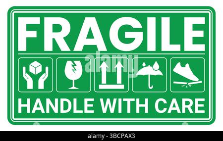 Symbole für zerbrechliche Verpackungen, Griff mit Pflegelogistik und Versandetiketten. Zerbrechliche Kiste, Frachtwarnvektorschilder Stock Vektor