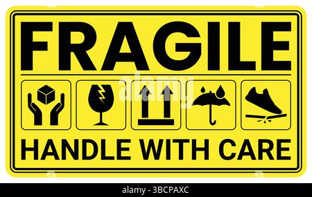Symbole für zerbrechliche Verpackungen, Griff mit Pflegelogistik und Versandetiketten. Zerbrechliche Kiste, Frachtwarnvektorschilder Stock Vektor