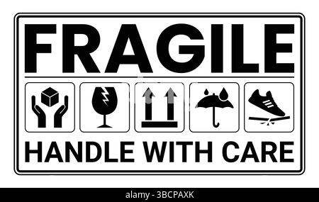 Symbole für zerbrechliche Verpackungen, Griff mit Pflegelogistik und Versandetiketten. Zerbrechliche Kiste, Frachtwarnvektorschilder Stock Vektor