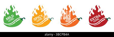 Rote Chili Peppers Feuerflammen Symbol. Chili mild Level, würzig Level, heiß Level, extra Level Label. Heiße, würzige grüne, gelbe und orangene Symbole. Logo Scharf. Stock Vektor