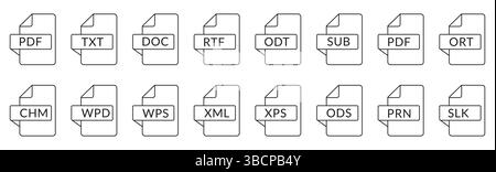 Symbolgruppe Dateityp. Beliebtes Dateiformat und Dokument. Format und Erweiterung von Dokumenten. Satz von Grafikvorlagen Audio, Video, Bild, System, Stock Vektor