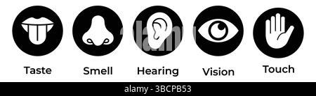 Symbolsatz für menschliche Sinne. Sehauge, Nase riechen, Gehör, Hand berühren, Mund mit Zunge schmecken. Einfache Liniensymbole und schwarzer Kreis. Stock Vektor