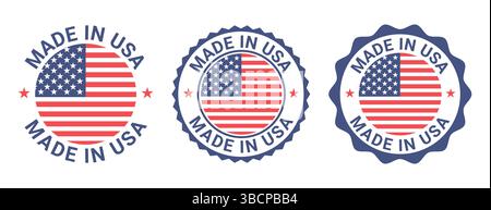 Made in USA Labels Icon, American Flag Produktemblem Logo, Set von Made in the usa Labels Vektor Illustration. Stock Vektor