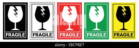 Symbole für zerbrechliche Verpackungen, Griff mit Pflegelogistik und Versandetiketten. Zerbrechliche Kiste, Frachtwarnvektorschilder Stock Vektor