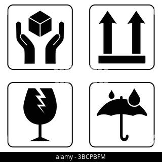 Symbole für zerbrechliche Verpackungen, Griff mit Pflegelogistik und Versandetiketten. Zerbrechliche Kiste, Frachtwarnvektorschilder Stock Vektor