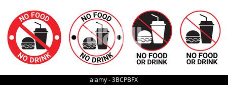 Schild „Essen und Trinken nicht erlaubt“. Kein Zeichen für Essen oder Trinken. Kein Logo, Etikett, Abzeichen, Aufkleber, Symbol, Emblem, Stempel, Banner, Kreis, schwarz. Stock Vektor