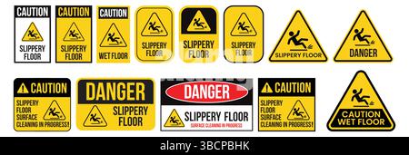 Schilder für nassen Boden. Reinigung läuft. Sammlung der orangefarbenen Warnschilder. Schablone für nassen Boden, Treppe, achten Sie auf Ihre Trittschutzschilder. Stock Vektor