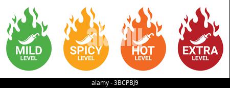 Rote Chili Peppers Feuerflammen Symbol. Chili mild Level, würzig Level, heiß Level, extra Level Label. Heiße, würzige grüne, gelbe und orangene Symbole. Logo Scharf. Stock Vektor