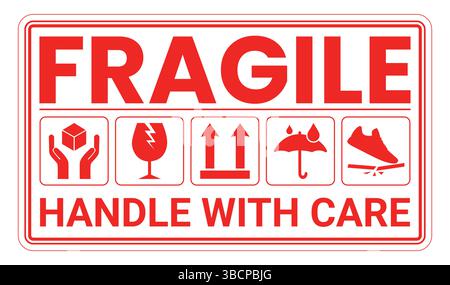 Symbole für zerbrechliche Verpackungen, Griff mit Pflegelogistik und Versandetiketten. Zerbrechliche Kiste, Frachtwarnvektorschilder. Stock Vektor