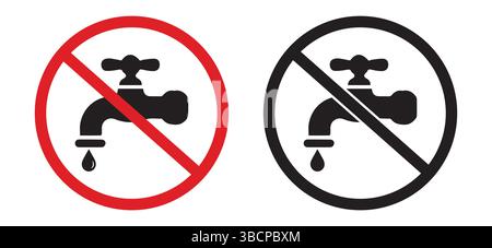 Kein Wasser trinken. Rotes Verbotsschild. Ein Wasserhahn, ein Glas Wasser. Verbotssymbol. Gefährliches oder schädliches Wasser. Vektorabbildung. Stock Vektor