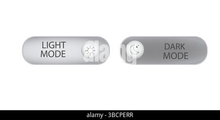 Kippschalter ein und aus. Schalter für Tag- und Nachtmodus. Dunkler Modus, heller Modus. Materialausführung Schaltersatz. Vektorabbildung. Stock Vektor