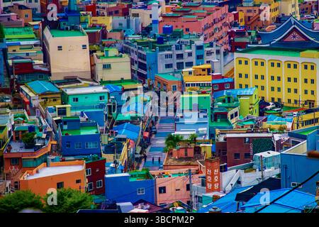 Saha, Südkorea. April 2025. Allgemeine Ansicht des Gamcheon Culture Village in Busan, Südkorea, zeigt Reihen von bunten Häusern entlang des Hügels. Ursprünglich eine Siedlung für Flüchtlinge aus dem Koreakrieg in den 1950er Jahren, wurde das Gebiet durch ein Stadterneuerungsprojekt von 2009 in ein kulturelles und künstlerisches Wahrzeichen verwandelt. Heute zieht das Dorf jährlich Tausende von Touristen an, die seine einzigartige Mischung aus Geschichte, Kultur und Kreativität sehen. (Foto: Risa Krisadhi/SOPA Images/SIPA USA) Credit: SIPA USA/Alamy Live News Stockfoto