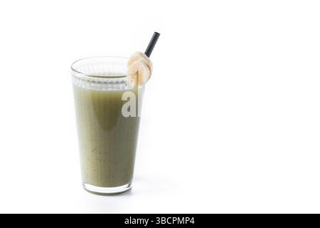 Grüner Smoothie mit Spinat, Banane, Apfel und Zitrone auf weißem Hintergrund Stockfoto
