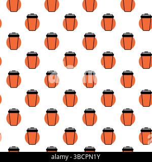 Einweg-Tassen gegen orangefarbenen Kreis minimalistisches Symbol nahtloses Muster Lieferung Kaffee Hintergrund. Isolierte Vektor-Illustration perfekt für thematische Menükarten Werbebanner, Prospekte, Etiketten, Preisschild Stock Vektor