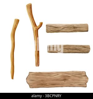 Holzdielen und -Stäbe, Set. Aquarellabbildung. Flache Bretter und Schnitte von Besenschaufeln, Ästen, isoliert auf weißem Hintergrund. Stockfoto