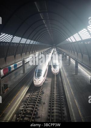 Hochgeschwindigkeitszüge fahren über die Gleise am Bahnhof Santa Justa in Sevilla, während Reisende sich an einem geschäftigen Tag auf das ein- oder Aussteigen vorbereiten. Stockfoto