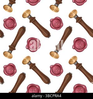 Nahtloses Muster mit Holz- und Goldstempeln und Wachssiegeln. Retro-Stil, königliche Atmosphäre. Vintage Schmuck für Briefe, Postkarten, Einladungen, Gothic Stockfoto