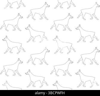 Nahtloses Vektor-Muster der flachen Hand gezeichneten Umrisse laufender Doberman-Hund isoliert auf weißem Hintergrund Stock Vektor