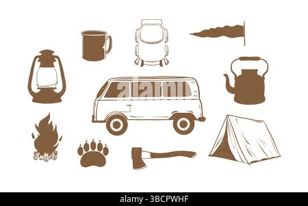 Sommercamp, Wanderset. Campingausrüstung. Überleben in der Wildnis. Urlaubsreise. Zelt, Wohnmobil, Feuer, Rucksack. Trekking-Konzept. Handgezeichneter Stil. Vektorgrafik umreißen. Vektorabbildung Stock Vektor