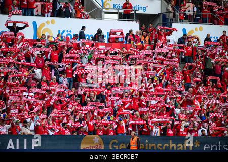 MAINZ, DEUTSCHLAND - 17. MAI 2025: Riesige Zuschauermenge von 1. FSV Mainz 05 Supporters hält bei einem Heimspiel in der Bundesliga bei MEWA A A gemeinsam rote Tücher hoch Stockfoto