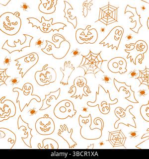 Kreatives Halloween-Muster mit Geistern, Kürbissen, Fledermäusen und Spinnen für festliche Dekoration und Kunsthandwerk Stock Vektor