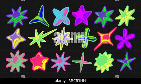 Y2K 3d Punk Neonfarben Hell Chrom Halbtonsterne Form Retro abstrakte Vektor Illustration Sticker Set. Stock Vektor