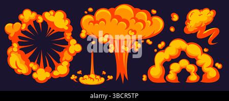 Comic Explosion Wolke Set mit Cartoon Bombe Rauch und Feuer Effekt auf dunklem Hintergrund. Explosions- und Feuerelemente im Comic-Stil. Perfekt für Spiele Stock Vektor