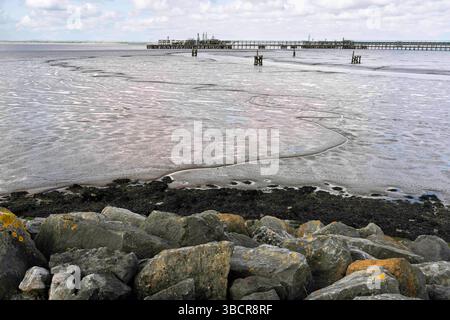 Blick auf Hedon Haven bei Ebbe, flankiert von Felsen und Gräsern und Steg am Horizont, alles unter blauem Himmel mit Wolken in Hedon, Yorkshire, Großbritannien. Stockfoto
