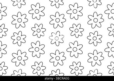 Umreißen Sie die nahtlose Ausmalseite für den Sommer mit Gänseblümchen. Blumenvektormuster. Für die Unterhaltung von Kindern, Bastelarbeiten, Sommer-Schwarz-weiß-Design o Stock Vektor