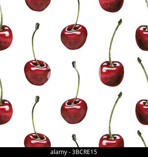 Rote reife Kirschen einzelne Beeren mit Stielen. Aquarell handgezeichnete Illustration zum Thema Obst, Essen und Desserts. Nahtloses Muster Stockfoto