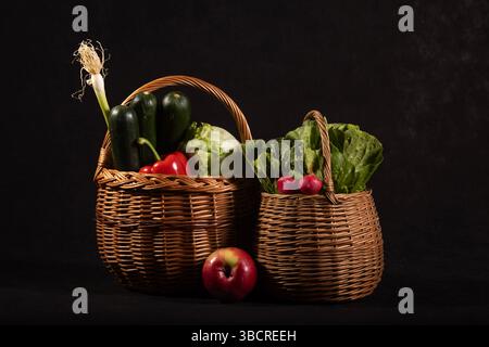 Zwei Korbkörbe gefüllt mit Gemüse und Früchten vor schwarzem Hintergrund. Der größere Korb enthält Zucchini (Cucurbita pepo), Tomaten (Solan Stockfoto