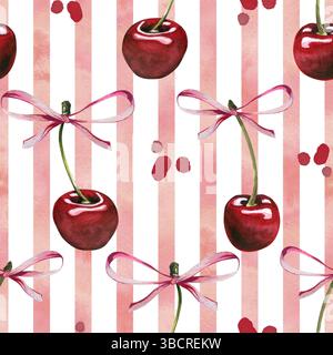 Rote reife Kirschen einzelne Beeren mit Bögen, Flecken. Aquarell handgezeichnete Illustration zum Thema Obst, Essen und Desserts. Nahtloses Muster Stockfoto
