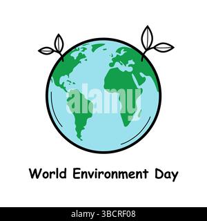 Grußkarte mit dem Planeten Erde mit wachsenden Blättern. Weltumwelttag. Handgezeichneter Sketch-Stil. Vektorabbildung. Stock Vektor