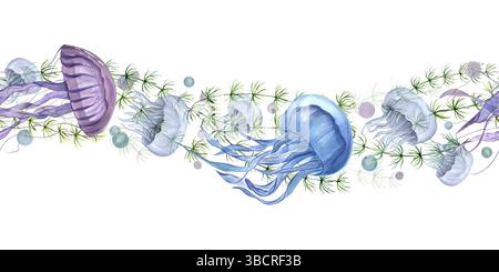Anmutige Quallen schwimmen zwischen Meeresalgen und Wasserblasen skurrile Aquarelle nahtlose Grenze isolierter Hintergrund. Für die Einrichtung im Kinderzimmer mit Meeresmotiven Stockfoto