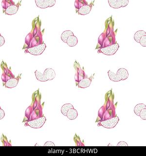Aquarell pitaya nahtloses Muster isolierter Hintergrund. Ganze rosafarbene Drachenfrüchte und geschnittene Abschnitte mit weißem Fleisch und schwarzer Samendarstellung Stockfoto