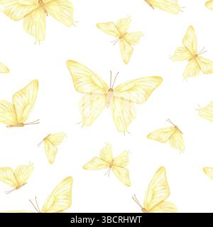 Abstrakte gelbe Schmetterlinge im Flug Aquarell nahtloses Muster isolierter Hintergrund. Zart und luftig verziert für feminine Modetextilien, Kinderzimmer Stockfoto