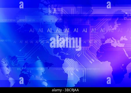 „AI“-Buchstaben und Binärzahlen überlagert Computerplatine und Weltkarte Stockfoto