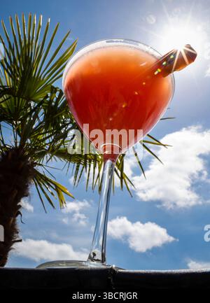 Hamburg, Deutschland. Mai 2025. Ein Martini mit Passionsfrucht (Pornstar Martini oder Maverick Martini) sitzt auf einem Tisch in einer Strandbar am Hamburger Hafen. Quelle: Christian Charisius/dpa/Alamy Live News Stockfoto