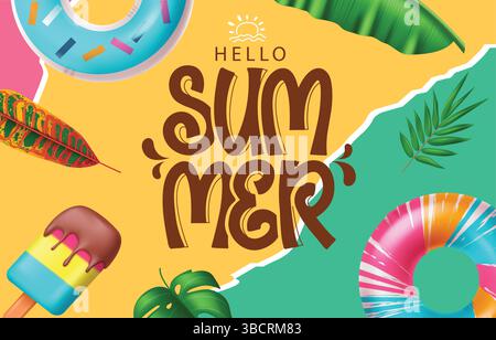 Hallo Sommer Gruß Design, Hallo Sommer Text mit Sommer und tropischen Vektorelementen im papercut Hintergrund, Vektor Illustration. Stock Vektor