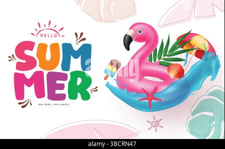 Hallo Sommer Gruß Vektor Hintergrund Design mit Meeresschale, Schirm, Seesterne, Eis, Palmblatt und Wasserspritzer Stock Vektor