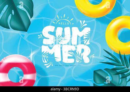 Hallo Sommer Grußtext, Hallo Sommer Text mit Sommer Elemente schweben auf dem Wasser, Sommer Banner Design, Vektor Illustration. Stock Vektor