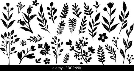 Eine Sammlung botanischer Elemente mit schwarzer Silhouette und handgezeichnetem Stil mit Blättern, Stielen und Blumen auf einem sauberen weißen Hintergrund Stock Vektor