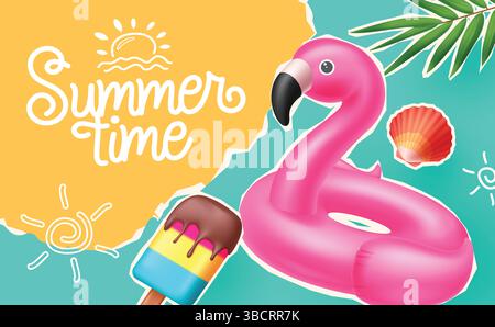 Sommergruß, Sommerzeit, abstrakt, Sommer Saison Kollektion, Floater, Eis, Banner, Flamingo und Palmblätter Stock Vektor