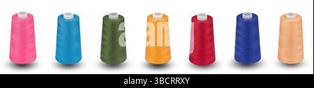 Bunte Nähgarne. Rosa Blau Grün Gelb Rot Orange. Satz von Spulen in einer Reihe. Werkzeuge für die Textilindustrie. Maßgeschneiderte Verbrauchsmaterialien. Stockfoto