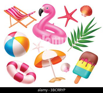 Summer Beach Elements Icon Clipart, isoliert in weißem Hintergrund Stock Vektor